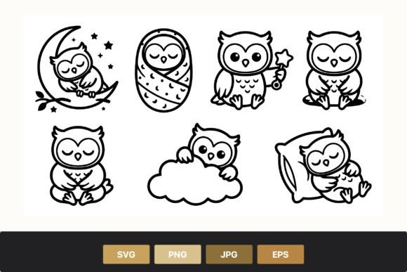 Download Cute Black White Owl Cartoon Set - Owl Collection