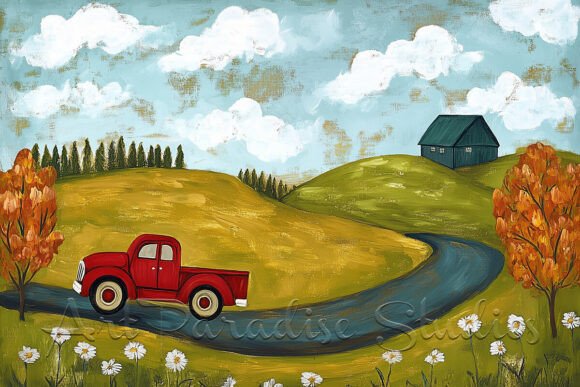Download Red Truck Rolling Hills Country Print - Print Collection