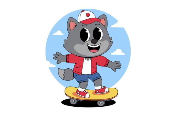 Download Cartoon Wolf Playing Skateboard - Board Collection